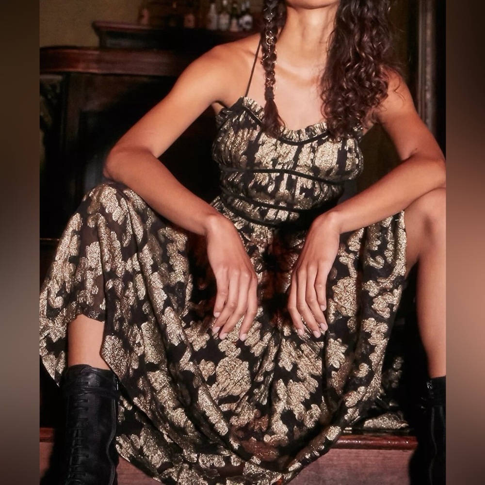 Free People Charlie Bustier Maxi Dress Black Gold Large L NWT